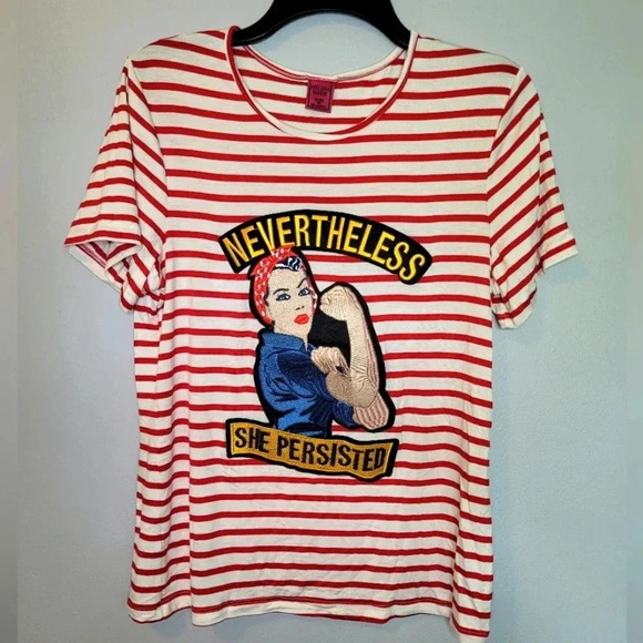 RED WHITE women's bold striped Large patch Novelty t-shirt, size L - Picture 1 of 5